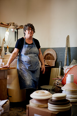 Buy stock photo Woman, pottery and thinking in workshop for ceramics, handcraft or artistic skills for small business. Vision, artist or female potter with creativity, manufacturing or production for handmade