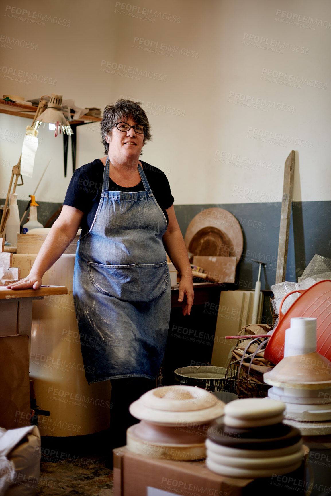 Buy stock photo Woman, pottery and thinking in workshop for ceramics, handcraft or artistic skills for small business. Vision, artist or female potter with creativity, manufacturing or production for handmade