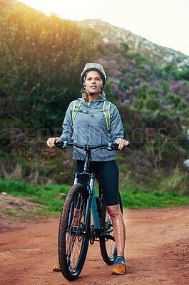 Buy stock photo Path, woman and mountain bike in outdoors, fitness and cycling sports for adventure on trail. Female person, athlete and bicycle for exercise in nature, workout and training for off road competition