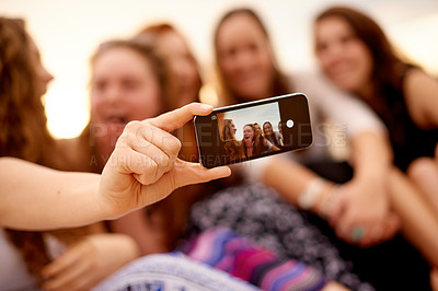 Buy stock photo Outdoor, group and friends with phone screen for selfie, profile picture and memory for bonding. People, teenager and girls with mobile for photography, social media and reunion with connection