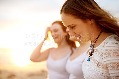 Buy stock photo Smile, sunset and women at beach for holiday, vacation and travel outdoor for adventure. Friends, confidence and happy people in nature at sea for summer, trip and tourist relax for Miami break