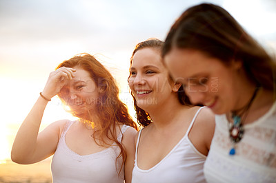 Buy stock photo Girl, friends and happy together outdoor for travel adventure, holiday getaway and summer break. Smile, people and vacation for social gathering, relax and bonding with support, care and weekend fun
