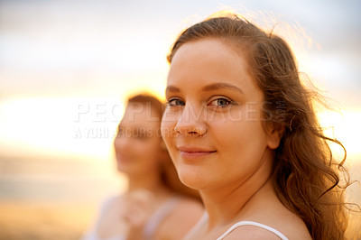 Buy stock photo Portrait, sunset and woman at beach for holiday, vacation and travel outdoor for adventure. Friends, confidence and happy person in nature at sea for summer, trip and tourist relax for Miami break