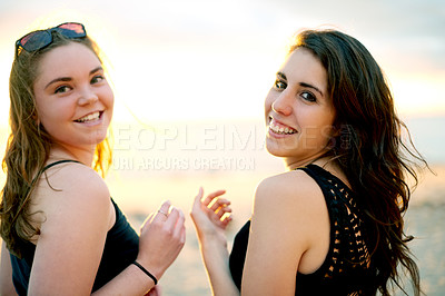 Buy stock photo Relax, travel and portrait of friends at beach for outdoor, summer vacation and adventure. Happiness, sea holiday and tropical island with women in nature for love, support and bonding together