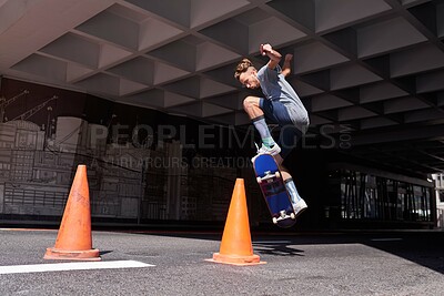 Buy stock photo City, jump and man with skateboard, contest and skills for street skating, tricks and stunts in road. Outdoor, skateboarder and person with energy for competition, speed and action for extreme sport