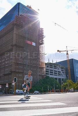 Buy stock photo Man, road and skateboard on crosswalk in city, low angle and outdoor for adventure in summer. Person, skater and board for extreme sport, fitness and workout with balance on urban street in Australia