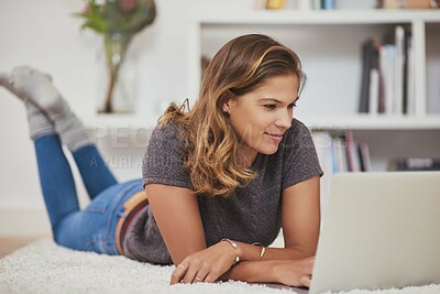 Buy stock photo Home, happy and woman with laptop on bed for social network, search and reading news on weekend. Relax, smile and female person with technology in house for internet, communication and online media