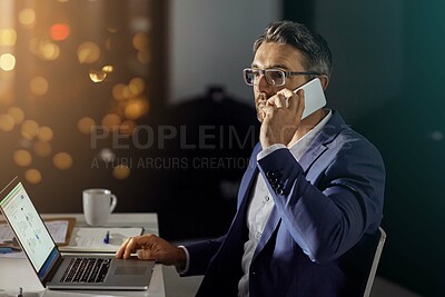 Buy stock photo CEO, business man and phone call with laptop for investment deal, contract negotiation and feedback at night. Mature, employer or consulting investor on finance report deadline or planning with bokeh