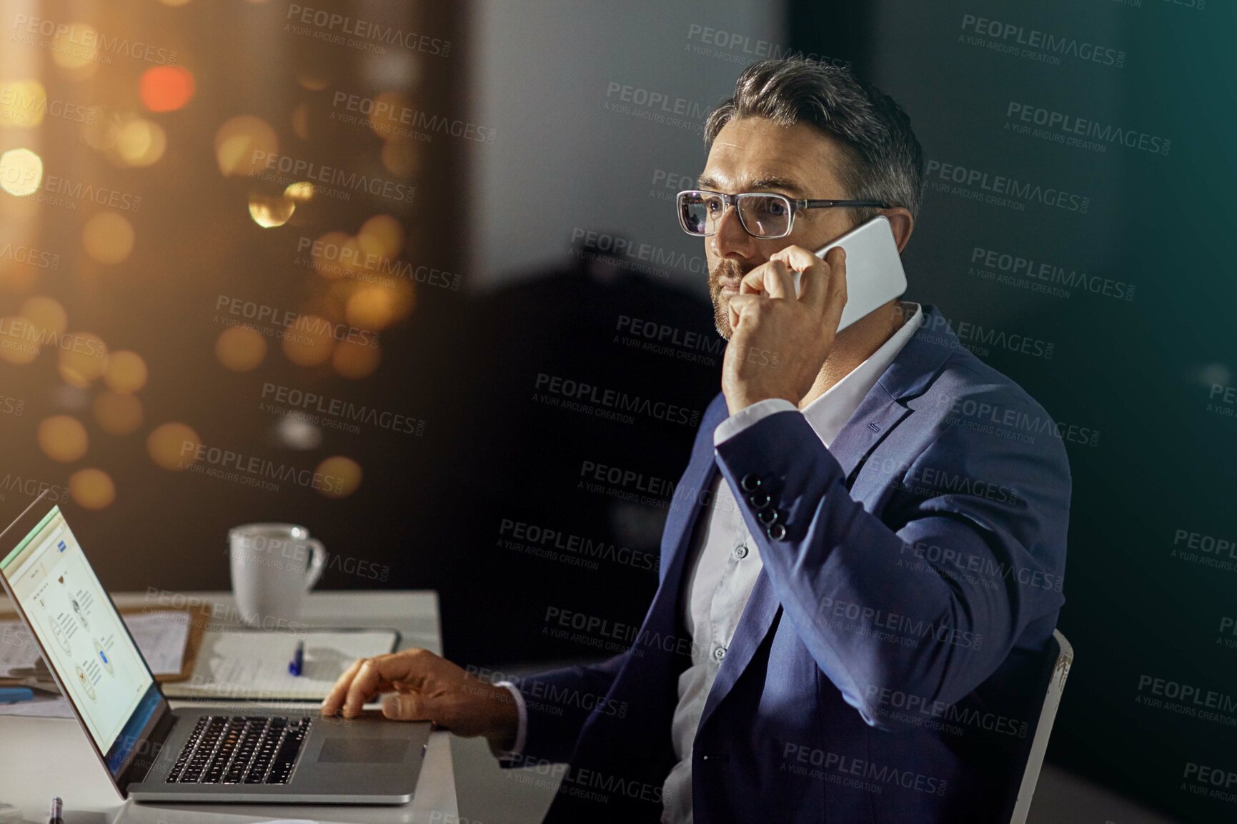 Buy stock photo CEO, business man and phone call with laptop for investment deal, contract negotiation and feedback at night. Mature, employer or consulting investor on finance report deadline or planning with bokeh