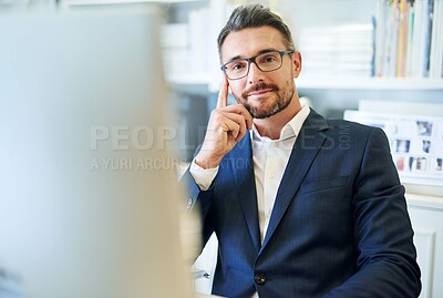 Buy stock photo Portrait, confidence and business man in office on computer for career or job in Australia. Face, professional and consultant in glasses, entrepreneur and corporate employee in suit at workplace