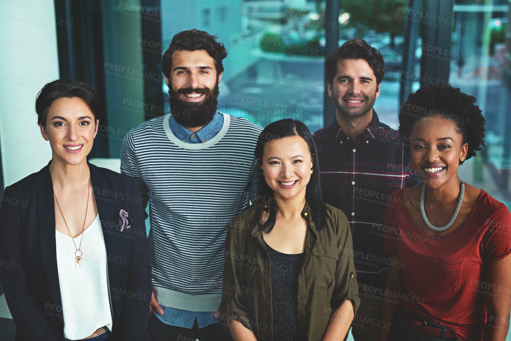 Buy stock photo Creative, people and portrait of team in office for career as directors for production company in seo industry. Group, happy and pride in workplace for collaboration on project and professional staff