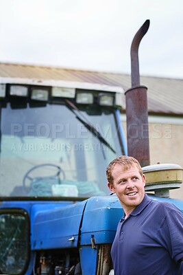 Buy stock photo Man, thinking and farmer by tractor outdoor in nature for transportation, maintenance for mowing or planting. Male person, agricultural equipment and machine for irrigation, cultivation and plowing.