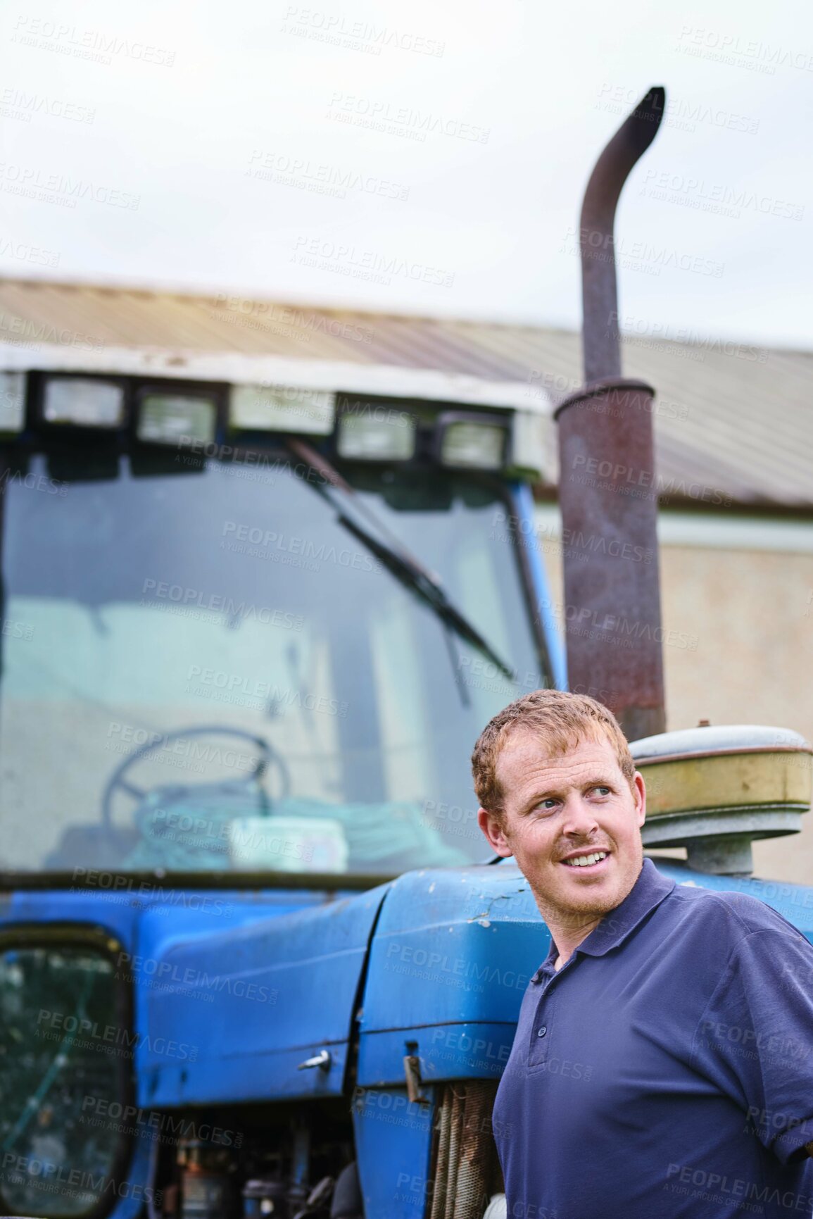 Buy stock photo Man, thinking and farmer by tractor outdoor in nature for transportation, maintenance for mowing or planting. Male person, agricultural equipment and machine for irrigation, cultivation and plowing.