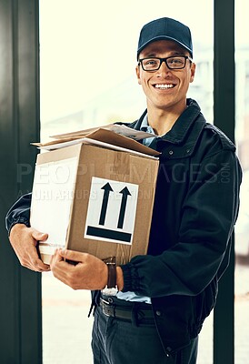 Buy stock photo Delivery man, sign and package with customer for paperwork, stock or inventory for shipping at front door. People, documentation and courier for invoice with writing, cargo and transport for service