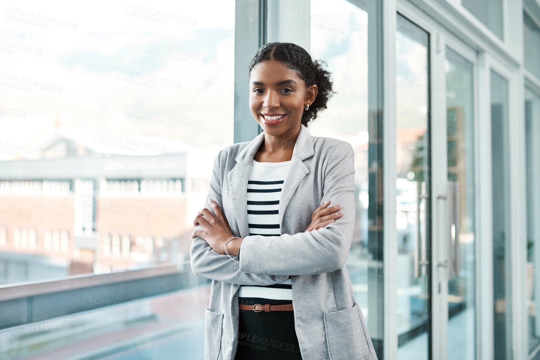 Buy stock photo Crossed arms, window and portrait of business black woman with confidence, company pride and startup ideas. Professional, office and person in workplace for career, job and working in creative agency