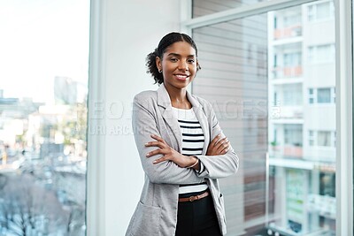 Buy stock photo Crossed arms, office window and portrait of business black woman with confidence, company pride and startup ideas. Professional, modern workplace and person for career, job opportunity and working
