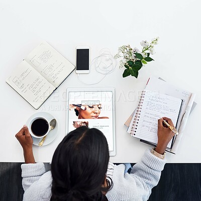 Buy stock photo Tablet, student and notebook or above with screen, study workspace and cosmetology for online elearning. Writing, notes with blog, pen and technology aesthetic for social media on website and table