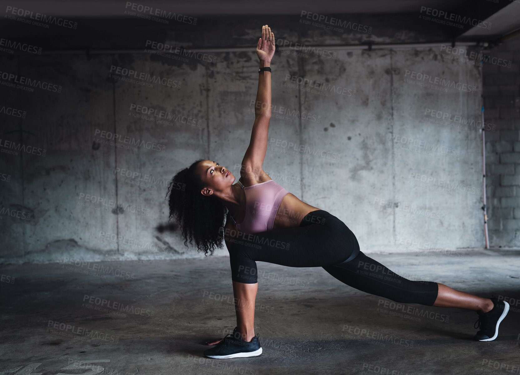Buy stock photo Balance, woman and stretching in gym for fitness, workout and exercise for wellness or health. Athlete, challenge and development in sports center for muscles and training for strength or performance