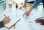 Architect, blueprint and team meeting for planning, collaboration and communication for building development plan or project. Hands of engineer men and women talking strategy for architecture design