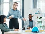 Model, presentation and architects meeting about construction, building and design for architecture. Workers talking about strategy for maintenance, renovation and 3d graphic for engineering at work