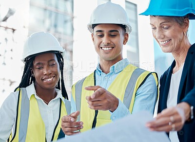 Buy stock photo Business people, architect and smile for team construction planning, collaboration or industrial strategy with blueprint. Happy engineering workers in building plan for architecture industry on site