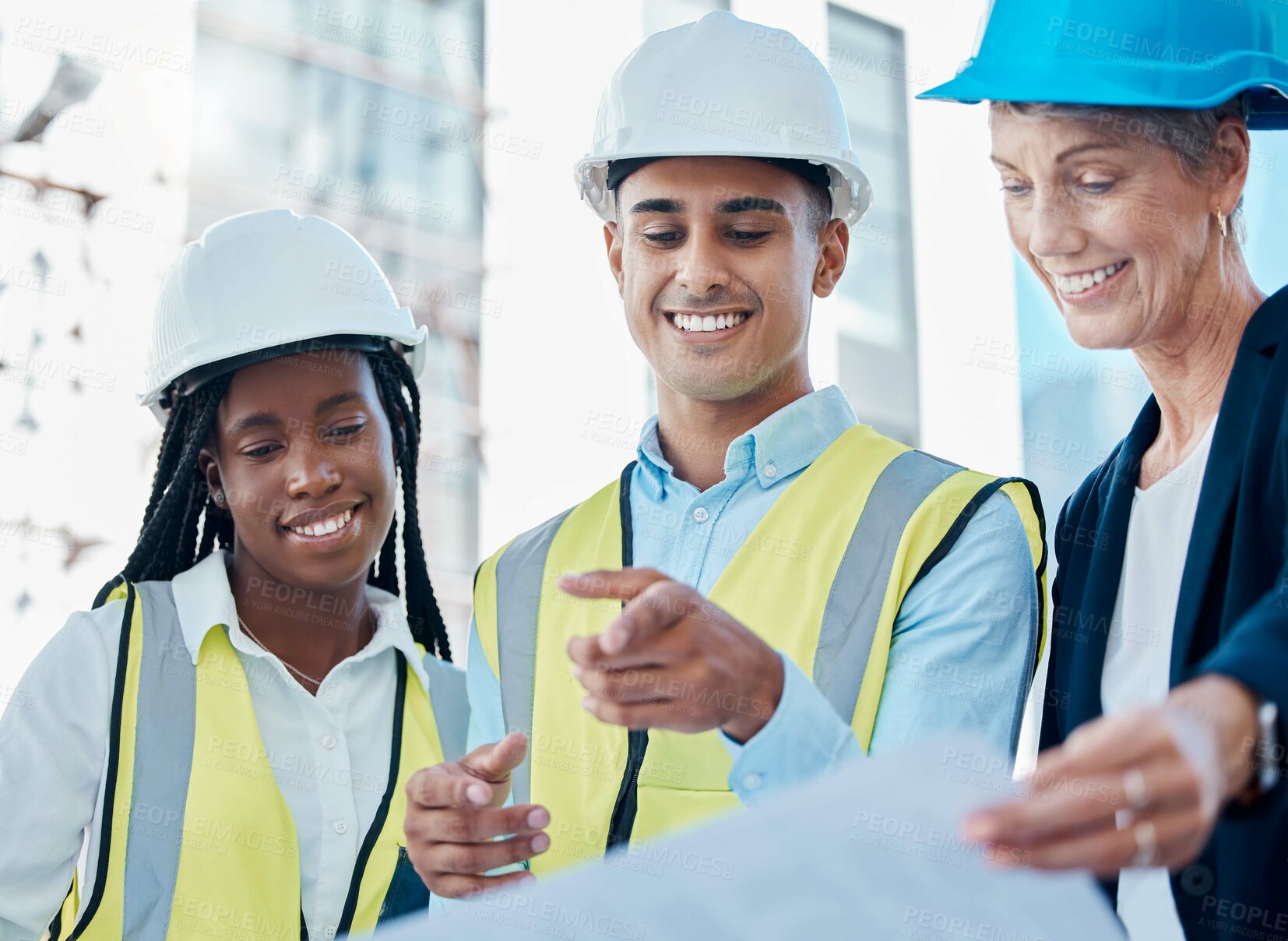 Buy stock photo Business people, architect and smile for team construction planning, collaboration or industrial strategy with blueprint. Happy engineering workers in building plan for architecture industry on site