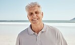 Portrait, beach and old man with retirement, happy and travel with summer vacation, Canada and wellness. Face, senior person or traveler on seaside holiday, weekend break or relax with peace or smile
