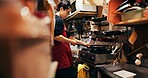 Japanese chef man, stove and pan for cooking, service or catering job with heat, flame and ready. Person, restaurant or cafeteria in kitchen for meal prep, working or thinking with recipe in Tokyo