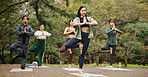 People, outdoor namaste and balance at yoga class, meditation and support for spiritual wellness. Forest, holistic healing and instructor for fitness in Japan, friends group and zen mindfulness