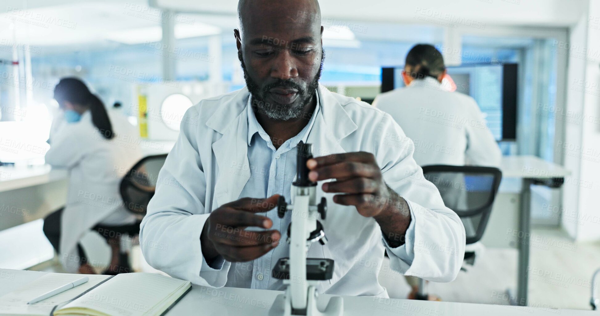 Buy stock photo Scientist, man and study with microscope, analysis and sample preparation in biotech laboratory. Biochemistry, bacteria and solution with technician for DNA research, genetic innovation or results