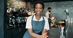 Portrait, barista and woman with service, confidence and happiness with skills, apron and pride. Face, employee at counter people in restaurant, friendly or hospitality with welcome or business owner