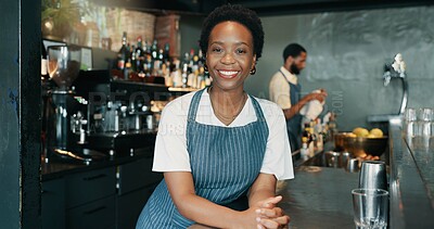 Buy stock photo Portrait, barista and woman with service, confidence and happiness with skills, apron and pride. Face, employee at counter people in restaurant, friendly or hospitality with welcome or business owner
