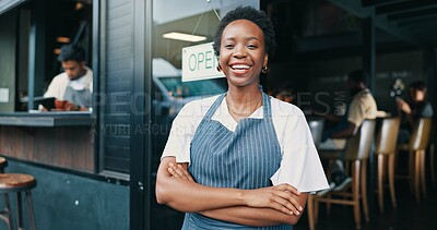 Buy stock photo Portrait, cafe and woman with arms crossed, confidence and waitress with ride, friendly service and food chain. Face, people and employee with apron, skills and hospitality with welcome and happiness