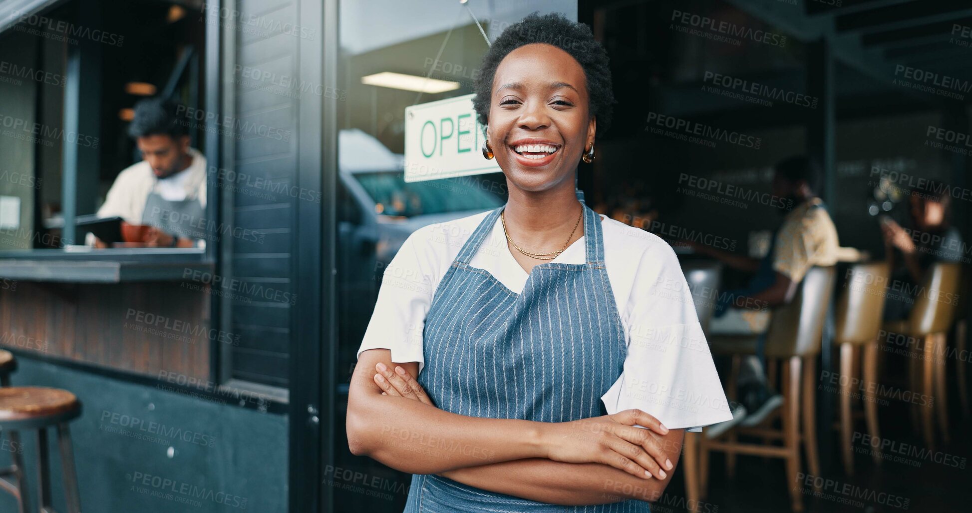 Buy stock photo Portrait, cafe and woman with arms crossed, confidence and waitress with ride, friendly service and food chain. Face, people and employee with apron, skills and hospitality with welcome and happiness