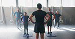 Personal trainer, senior people and workout at gym with stretching, guide and teaching for fitness. Coach, group and warm up at class for training, learning or exercise at wellness club in retirement