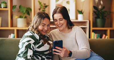 Buy stock photo Mature woman, daughter and smartphone in house for bonding, watching video or social media post online. Home, mothers day and happy female people with mobile app, streaming or funny meme on internet