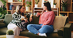 Mom, girl and conversation in home, bonding or catch up chat with connection on sofa in living room. House, Mothers day and female people talking with communication and healthy family relationship