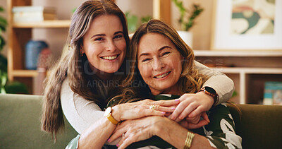 Buy stock photo Hug, portrait or smile with mother and daughter on sofa in living room of home for bonding or trust. Love, safety and security with happy family embracing  in apartment together for relax, support