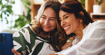 Senior woman, daughter and selfie in house, bonding or catch up with memory for social media post. Home, Mothers day and happy female people, smile in picture and healthy family relationship