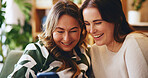 Bonding, phone and smile of mother with daughter in home living room for communication or visit. App, connection and social media with happy family in apartment for love, relax or text message