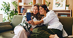 Senior woman, daughter and selfie in home, bonding or catch up with memory for social media post on sofa. House, Mothers day and female people with smile in picture and healthy family relationship