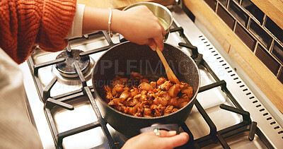 Buy stock photo Hands, stirring pot and chicken in home, stove and heat for soup, ingredients and nutrition in kitchen. Person, chef and meal prep with food, diet and above with cooking, recipe or meat at house