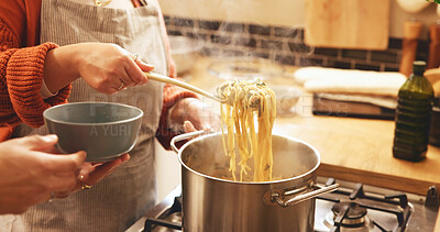 Buy stock photo Hands, house and couple with pasta, cooking and dish with nutrition, organic dinner and wellness. Closeup, ingredients or people in kitchen, healthy meal or serve with diet, spaghetti or Italian food