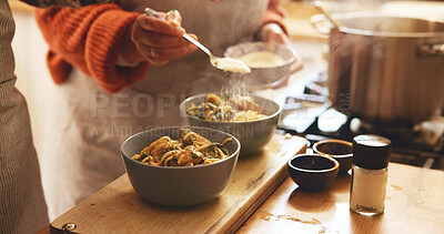 Buy stock photo Hands, home and couple with pasta, cooking and process with nutrition, organic dinner and wellness. Closeup, ceramic bowls and people in kitchen, healthy meal and serve with cheese and Italian food