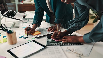 Buy stock photo People, hands or writing with tablet on sticky note or documents for planning or brainstorming at office. Team, designers or employees with paperwork for schedule, collaboration or ideas at workplace