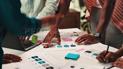 Buy stock photo People, hands and planning with documents for design, strategy or brainstorming on office desk. Group, employees or creative designers working together with paperwork, notes or ideas at workplace