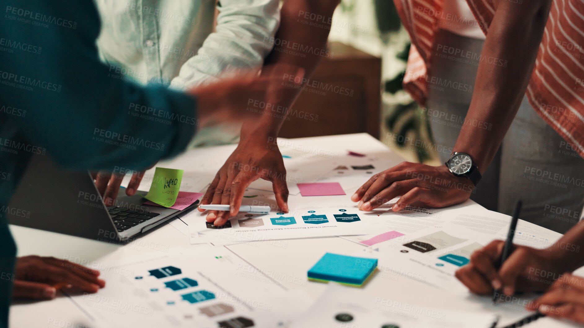 Buy stock photo People, hands and planning with documents for design, strategy or brainstorming on office desk. Group, employees or creative designers working together with paperwork, notes or ideas at workplace
