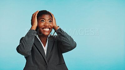 Buy stock photo Business, black woman and celebrate success in studio, winning and corporate promotion. Smile, worker and victory with good news, achievement and think of reward on blue background with mockup space