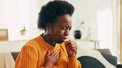 Buy stock photo Coughing, sick and black woman in home with flu, cold or allergies with viral infection. Illness, recovery and African female person with respiratory issue, tuberculosis or asthma in living room.