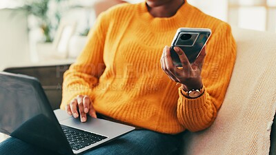 Buy stock photo Hands, laptop and phone with person in living room of home for ecommerce or online shopping. App, communication and computer with customer on sofa in apartment to search for bargain or retail sale